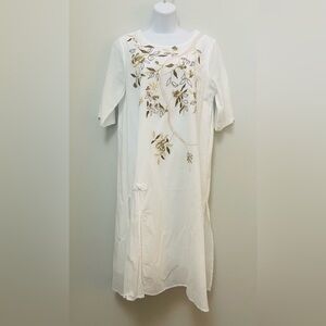 White cotton Floral Embroidered Midi Dress boho